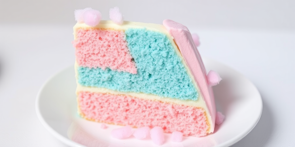 A slice of pastel colored cake with alternating layers of pink and blue frosting on a white plate with a light background. The cake has a fluffy texture and is decorated with small bits of pink cotton candy.
