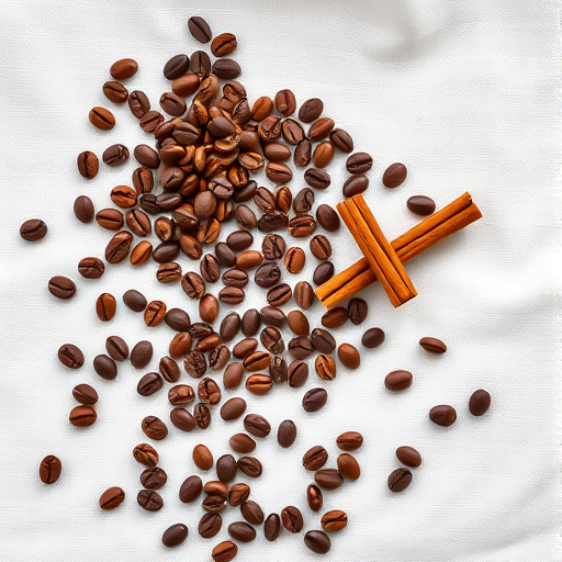 coffee beans and cinnamon sticks scattered on a white fabric background, shot with a Canon EOS R5, 50mm lens, aperture f/1.8, ISO 100, natural lighting, top-down view, high resolution.