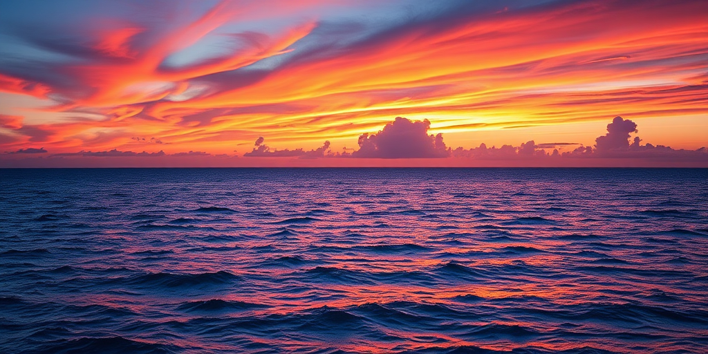 Create an image of a vibrant sunset over a calm ocean with colorful clouds, using a Canon EOS R5 camera, 24mm lens, f/8 aperture, ISO 100, HDR style, and a wide-angle view to enhance the scene's depth and detail.
