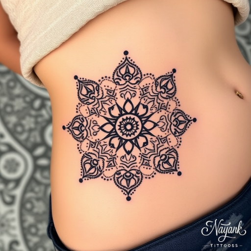 Ornate dotwork mandala tattoo encircling the navel, showcasing intricate geometric patterns and symmetrical designs created entirely with tiny, precisely placed dots for a mesmerizing effect