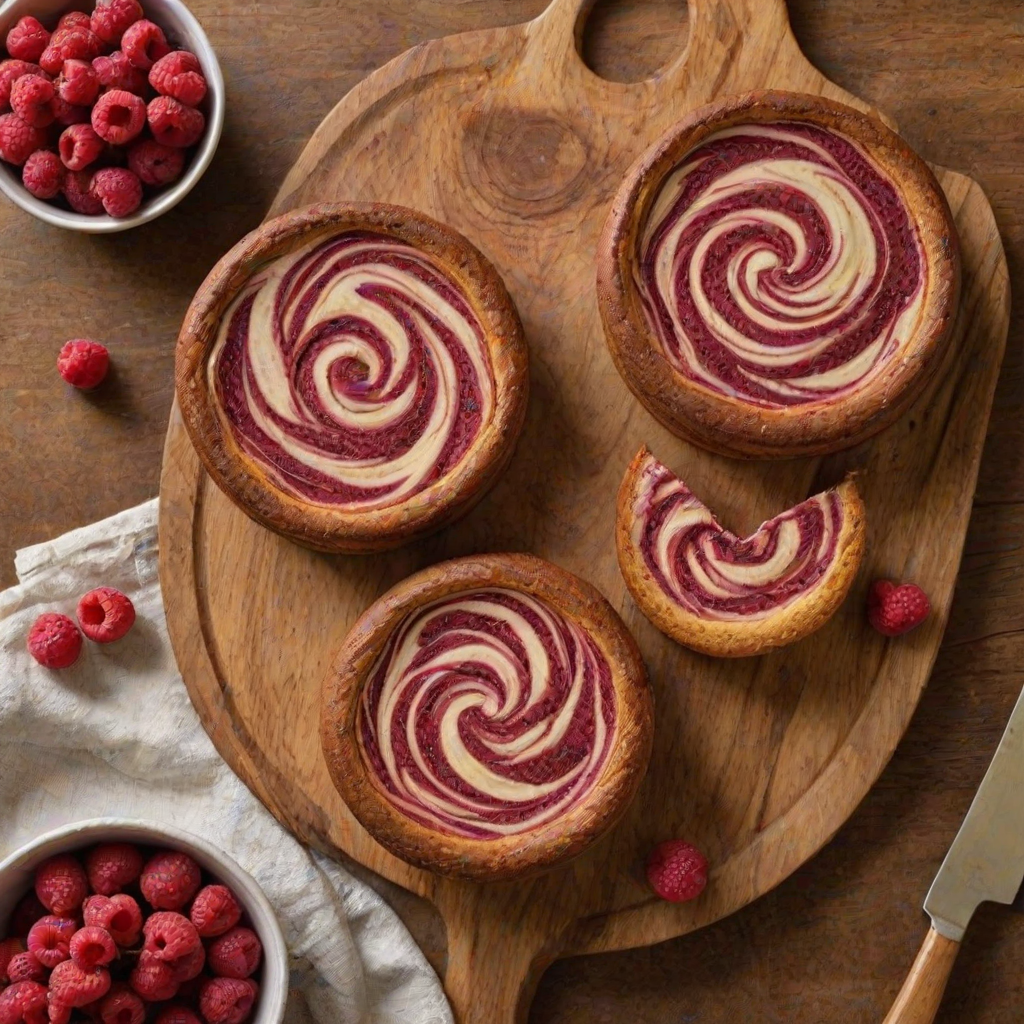 Create an image of three round, golden-brown cakes with a smooth surface, featuring a marbled raspberry swirl pattern. The cakes should be placed on a wooden cutting board, with a rustic background that includes a soft cloth. The scene should evoke a warm, inviting atmosphere, highlighting the deliciousness of the baked goods.