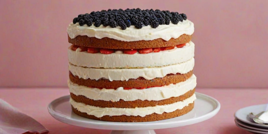 Generate an image of a layered cake with a light cream frosting. The cake should have a soft texture, with visible poppy seeds in the sponge layers. Between the layers, there should be a bright pink filling. The cake should be partially sliced to show the interior layers, with a clean, smooth presentation on a simple plate. The background should be neutral to highlight the cake.
