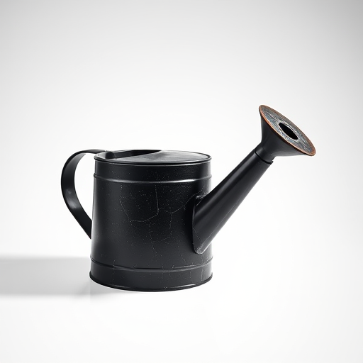 Create a high-resolution illustration of a cracked black watering can, emphasizing the wear and tear with detailed shadows and highlights, using a 50mm lens at f/2.8, ISO 100, in a studio setting with softbox lighting, shot with a DSLR camera.