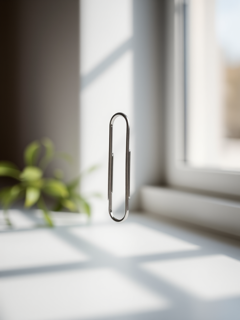 Capture a high-resolution image of a paperclip in a minimalistic setting, using a DSLR camera with a 50mm lens, aperture set to f/2.8 for shallow depth of field, ISO 100 for clarity, natural lighting to enhance details, shot at eye level for perspective.