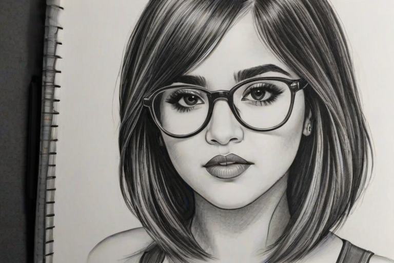 Gorgeous Becky G, pencil sketch, portrait of Appealing woman 1920s in glasses, hair style beatnik, outline, clear lines, fine lines, 8k