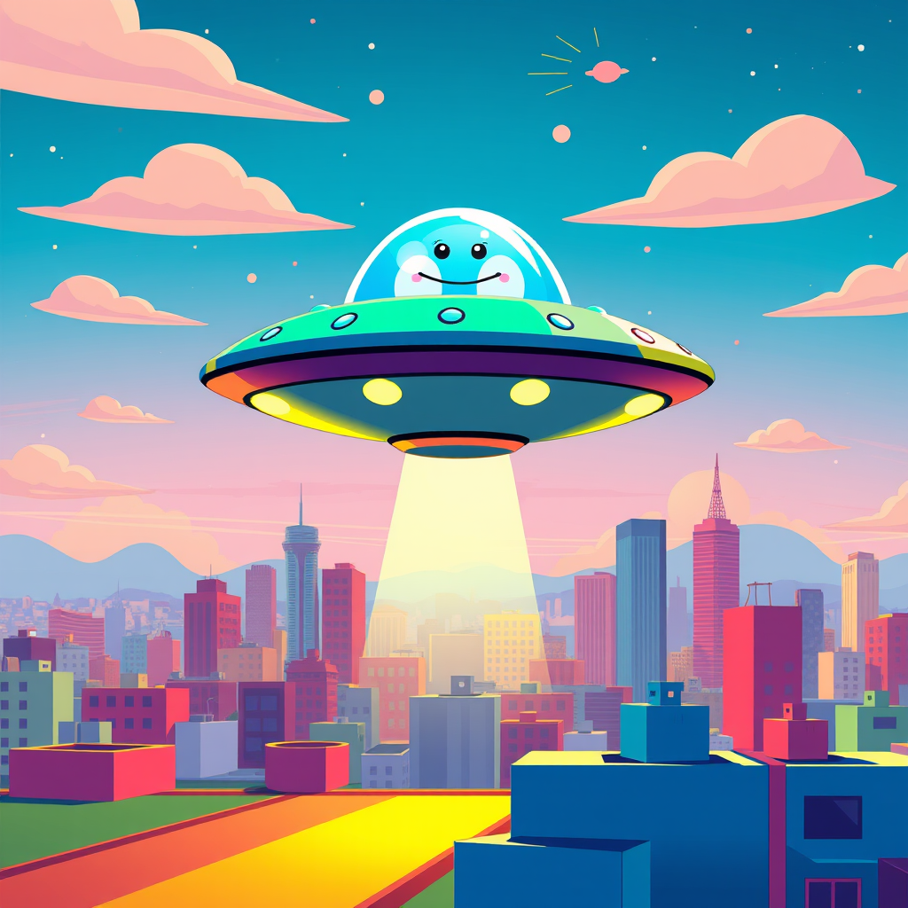 Create a colorful cartoon scene of a flying saucer with a cute alien beaming down on a city skyline, using a DSLR camera with a 50mm lens, aperture f/2.8, ISO 100, and a vibrant, high-contrast animation style.