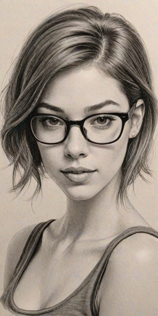 Beauteous Olivia Thirlby, pencil sketch, portrait of Enticing woman 1964s in glasses, hair style beatnik, outline, clear lines, fine lines, 8k