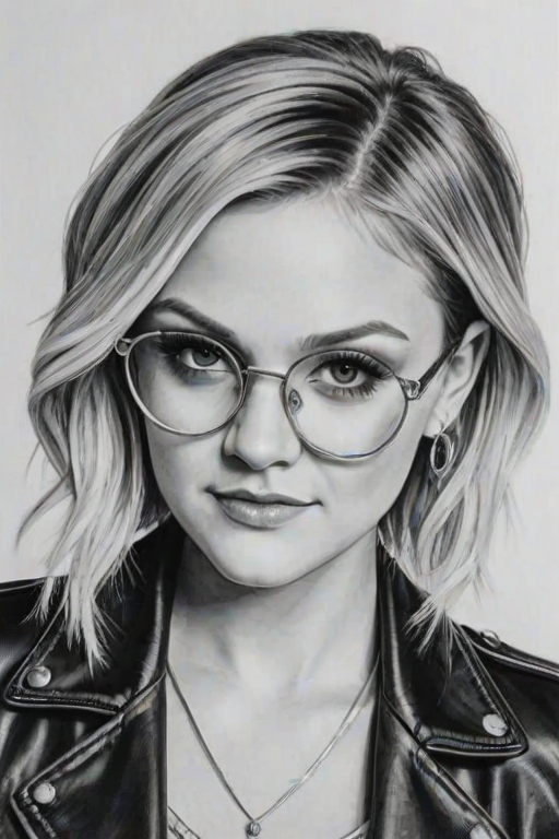 Captivating Kelsea Ballerini, pencil sketch, portrait of Splendid woman 1932s in glasses, hair style beatnik, outline, clear lines, fine lines, 8k