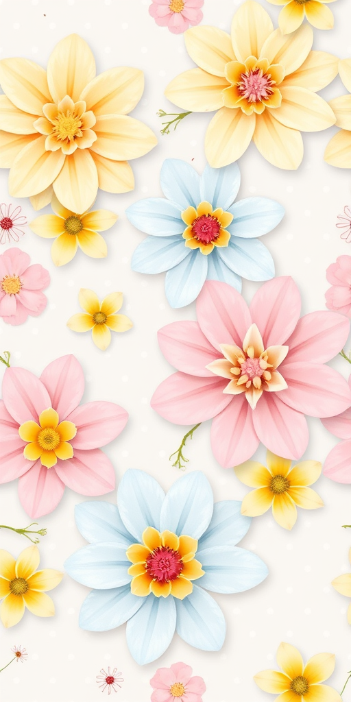 generate a seamless floral pattern with pastel colors including light blue, pink, and yellow flowers with simple polka dots in the background, using a high-resolution digital camera with a 50mm lens, f/8 aperture, ISO 100, and a soft focused style to enhance the image quality