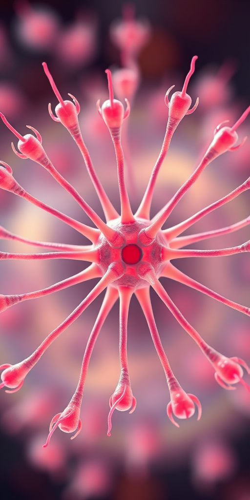 Create a detailed digital illustration of multiple sperm cells radiating outward from a central point, high resolution, soft focus background, macro lens, aperture f/2.8, 50mm lens, natural lighting, vibrant colors.