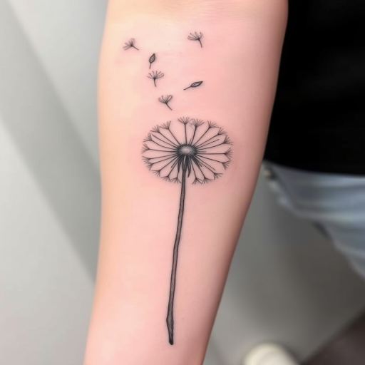 Fine line tattoo illustrating a detailed botanical drawing of a dandelion with seeds floating away, emphasizing delicate linework and negative space, named "Whispers of Wishes"