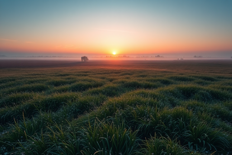 imagine a tranquil landscape at sunrise, vast fields with dew-covered grass, a gentle mist rising from the ground, soft pastel colors in the sky, using a Canon EOS R5 with a 24-70mm f/2.8 lens, aperture set to f/8, ISO 100, focal length at 35mm, in landscape orientation for optimal depth of field and clarity