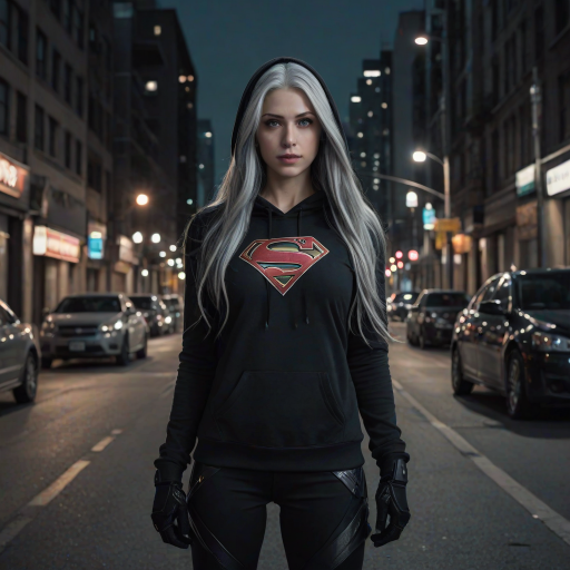 (long straight gray hair:1.2), (bright gray eyes:1.2), (Supergirl:1.2), (black hoodie:1.2), (hood up:1.2), (black half fingers gloves:1.2), (black tight pants:1.2), (black sneakers:1.2), 8k, professional photography, mesmerizing photo, intricate details, hyper realistic, (close shot:1.2), (city at night:1.5), (empty street:1.5), bleak tone, grim tone