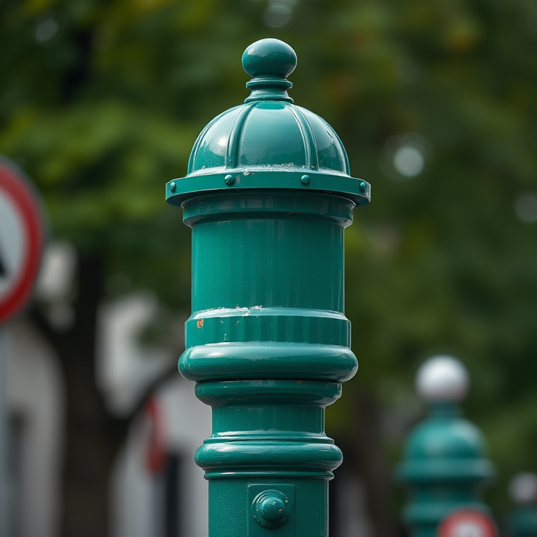 Create a high-resolution image of a traditional green street post with a domed top, captured using a DSLR camera at f/4.5, ISO 100, 1/250 sec, with a 50mm lens from a low angle for an authoritative perspective and a shallow depth of field to blur the background.
