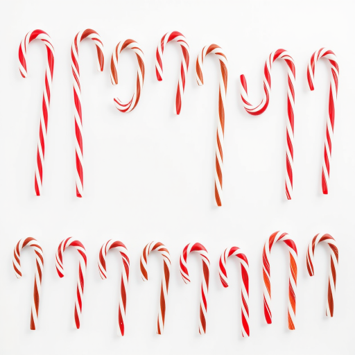 Create an image of varying candy canes in red and white stripes and brown and white stripes arranged in a grid pattern on a white background, using a Canon EOS R5 camera, aperture f/8, ISO 100, 50mm lens, with a soft focus effect for enhanced quality.