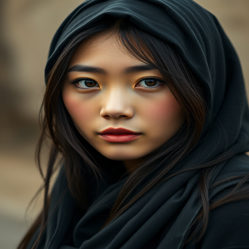 Create a portrait of a young Vietnamese woman with long, dark hair and captivating hazel eyes. She is wearing a black headscarf and a matching scarf draped gracefully around her neck. The background is softly blurred, focusing attention on her serene and natural expression. The overall color palette is muted and warm, enhancing the intimate and authentic feel of the portrait.