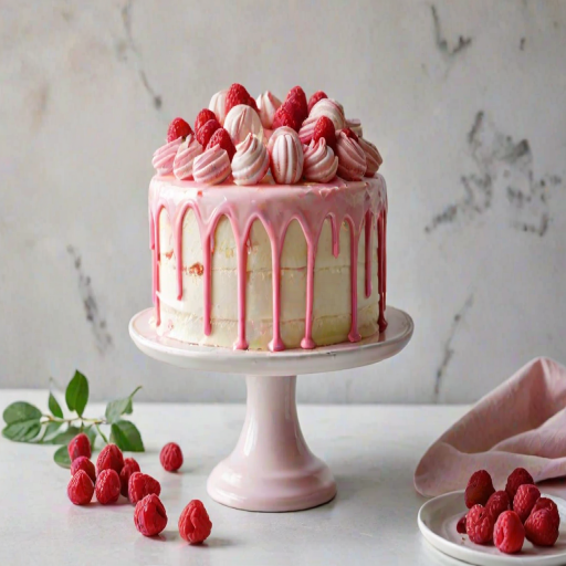 Create a beautiful cake featuring a smooth white frosting with a pink drip effect around the edges. Decorate the top with fresh raspberries, small pink macarons, and delicate meringue kisses. Add a touch of greenery for contrast and place the cake on a simple, elegant cake stand. Use a light, airy background to emphasize the cake's vibrant colors.
