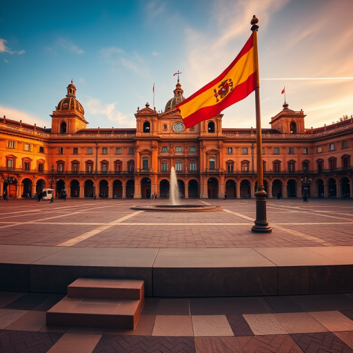 Capture a high-resolution image of the Plazza de Espana in Seville, Spain, at golden hour with a DSLR camera, using a 24mm lens at f/8, ISO 200, shutter speed 1/250s, angled low to emphasize the architecture and the Spanish flag.