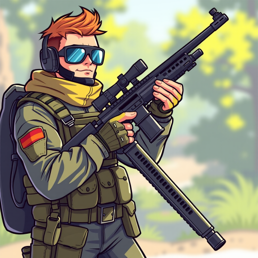 Create an illustration of a modern soldier holding a sniper rifle with a confident stance, wearing tactical gear and sunglasses, rendered in a vibrant, cartoonish style; use a DSLR camera with a 50mm lens, aperture f/2.8, ISO 100, shallow depth of field, and natural lighting to enhance clarity and color vibrancy.