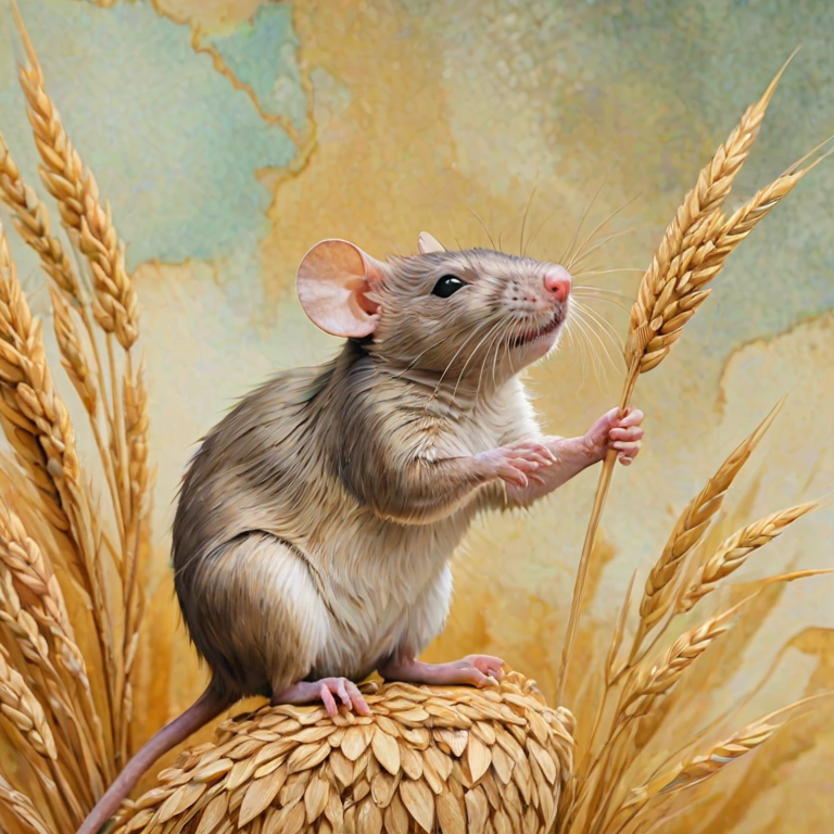 Soft, muted Alcohol Ink with ebru effect background image of tiny whimsical rat, who climbed high on the top of a golden rye ear.