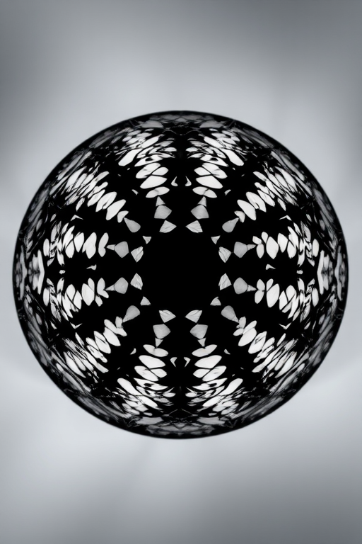 Create an abstract black and white design resembling a sphere with intricate patterns, captured with a Canon EOS R5 in aperture priority mode at f/8, ISO 100, 50mm lens, top-down view, using soft diffused lighting to enhance details.