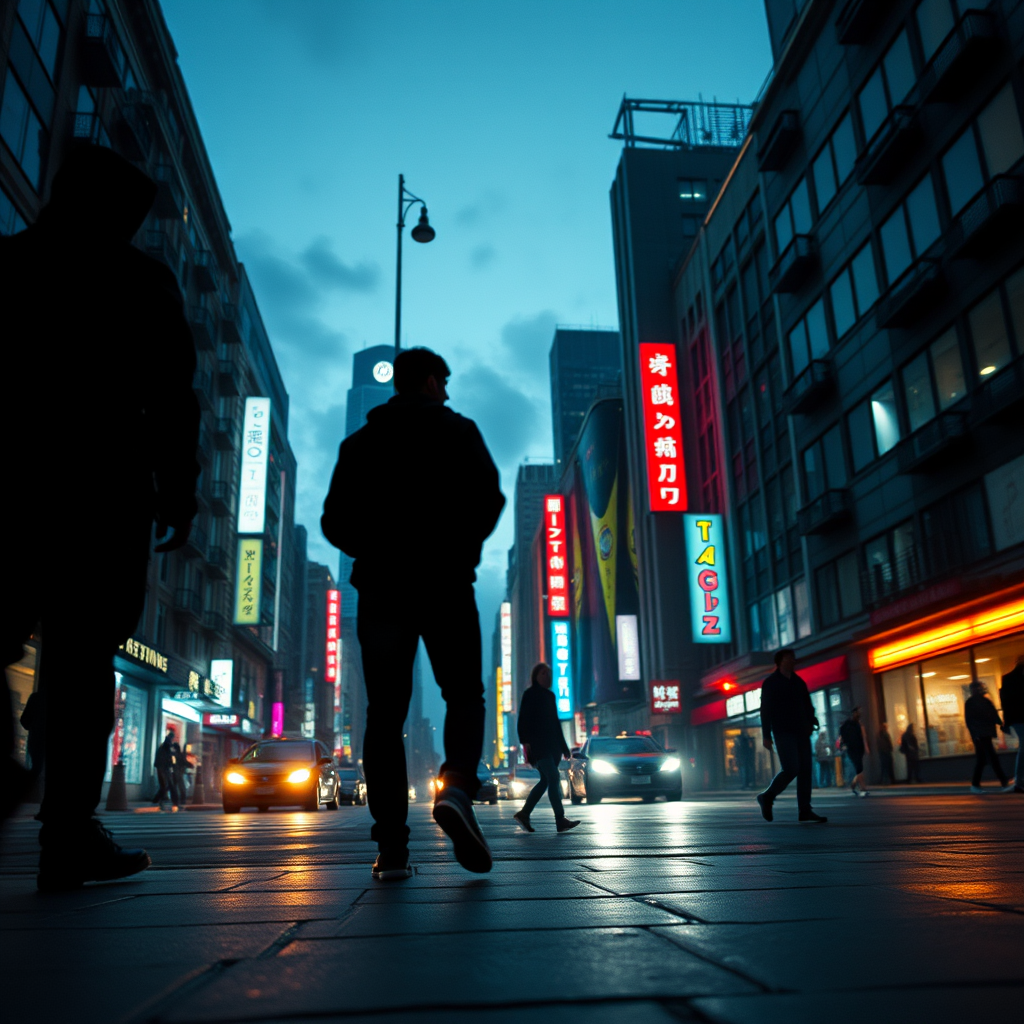 Create a high-resolution cyberpunk cityscape at dusk with silhouetted figures against glowing neon lights, using a DSLR camera with a 35mm lens, f/1.8 aperture, ISO 200, and a low-angle view for dramatic perspective.