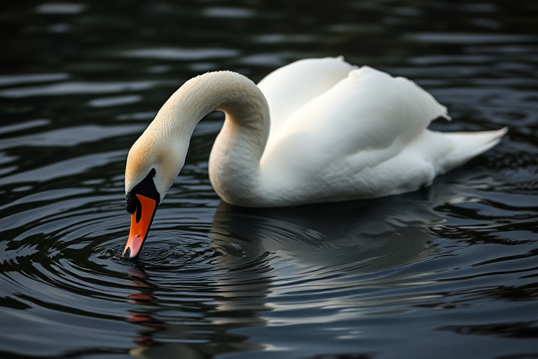 swan gracefully dipping its head into dark rippling water, soft natural lighting, focus on the swan with a blurred background, DSLR camera, 50mm lens, aperture f/2.8, ISO 100, shutter speed 1/250 second