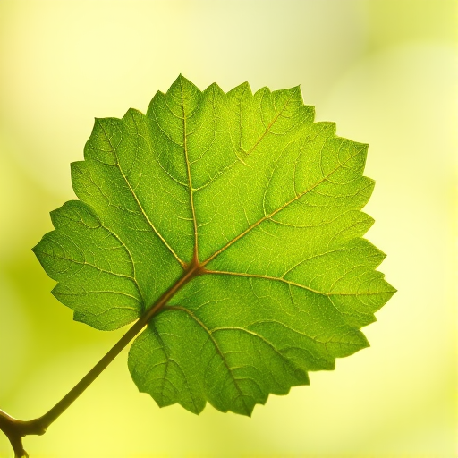 Create a realistic, high-resolution image of a green grape leaf against a soft blurred background, using a DSLR camera with an aperture of f/2.8, ISO 100, and a focal length of 50mm, capturing the leaf in a natural light setting for enhanced detail and texture.