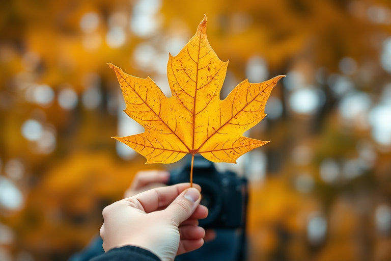 Capture a close-up of a person holding a vibrant yellow maple leaf against a blurred autumn foliage background, using a DSLR camera with a 50mm lens, aperture set to f/2.8 for shallow depth of field, ISO 200 to reduce noise, and a shutter speed of 1/250 seconds to freeze motion, natural soft light for enhanced color contrast.