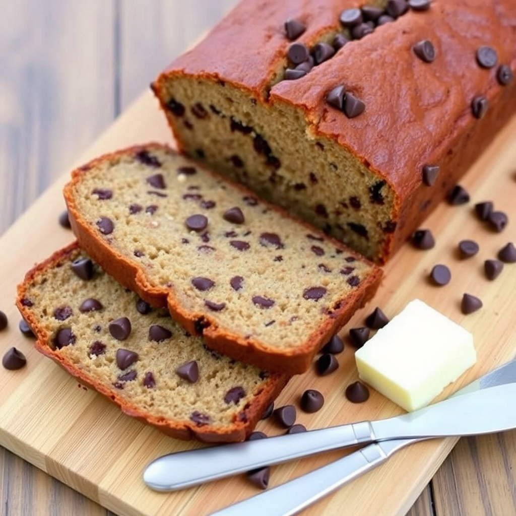 A freshly baked loaf of chocolate chip banana bread with several slices cut and displayed on a wooden cutting board scattered with chocolate chips and a butter knife with a pat of butter resting nearby.