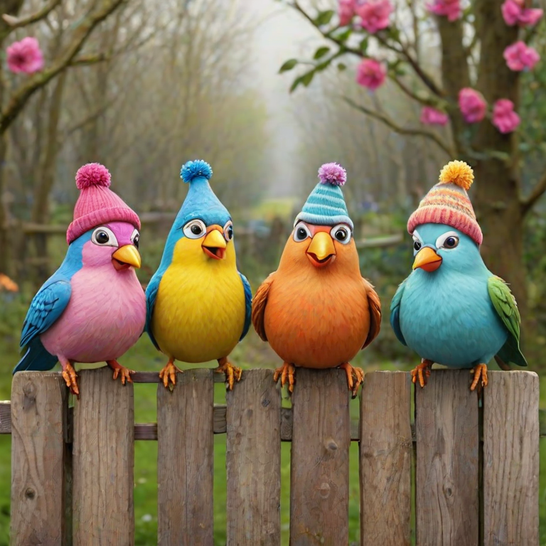 create a scene of 4 quirky  whimsical colourful comical birds each with a funny expression. they are sat on a wooden fence with colourful flowers. they are all different sizes. each one is a different colour  one is wearing a woolly hat. Each one has a different quirky google expression and there is a muted background of trees watercolour paintierly style high definition 8k resolution 3D paper mache