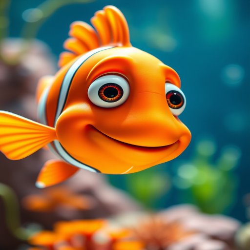 Create a vibrant cartoon-style image of a cheerful orange fish with exaggerated features, using a high-resolution digital camera at 24mm lens, f/2.8 aperture, ISO 100, with a shallow depth of field and bright lighting to enhance the colors.