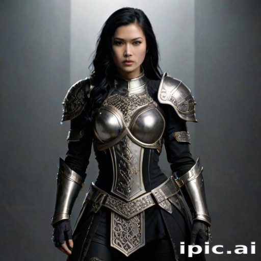 Create a photo of a fierce female warrior with long black hair, wearing an ornate, metallic armor. The armor includes a breastplate with intricate designs, shoulder guards, and gauntlets. The breastplate is decorated with a central emblem, possibly representing a mythical symbol, and has a sculpted, form-fitting design. She wears a belt with a large skull ornament at the center, and her armor extends into a partial skirt, revealing one leg. The overall look is both protective and stylish, with a dark, gothic aesthetic. The background is dimly lit, suggesting a medieval or fantasy setting, enhancing the warrior's imposing presence and intense expression.