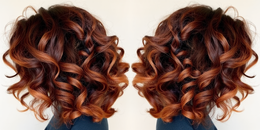 Chocolate brown curly shag with caramel highlights, named "Mocha Swirl," boasting voluminous ringlets and a flattering mix of warm and cool tones