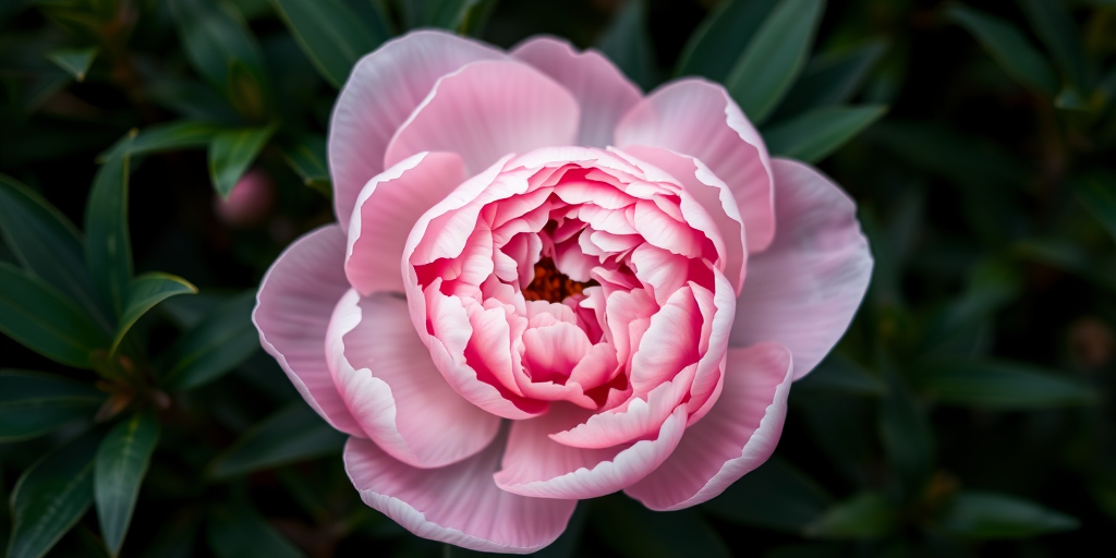photograph a large pink peony flower nestled among dark green leaves, shallow depth of field, aperture f/2.8, ISO 100, macro lens, natural light, DSLR camera, focus on the flower's intricate petals while softly blurring the background foliage.