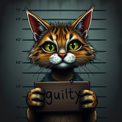 A comical cartoon-like scruffy cat, battered, dirty, with a mug shot and 'guilty' written on the board, in a whimsical and surreal art style with dark fantasy themes, dramatic lighting effects, minimalist and abstract touches, hyper-realistic details, textured backgrounds, vintage aesthetics, playful and exaggerated characters, gothic aesthetics, intricate designs, detailed patterns, and artistic composition