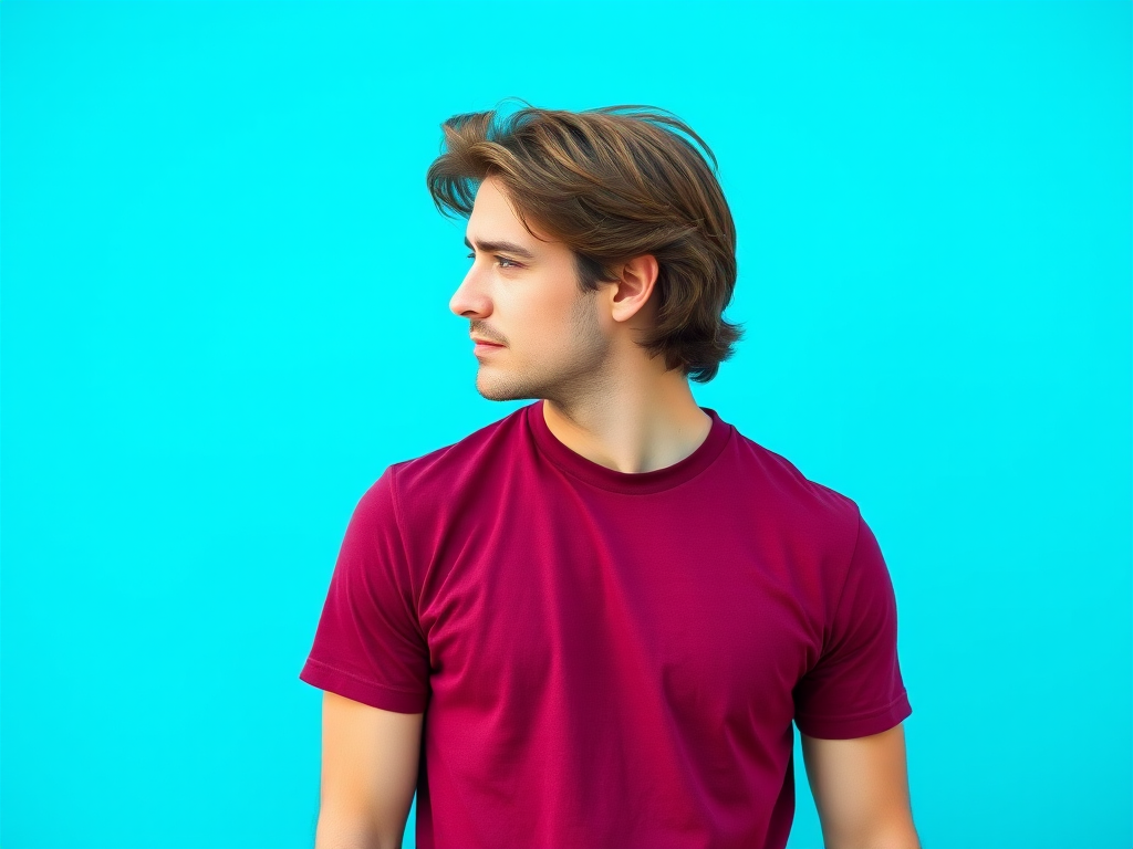 A side profile of a man with brown hair wearing a burgundy t-shirt and blue pants, standing against a bright turquoise background, shot in 50mm lens, f/1.8 aperture, ISO 100, natural light, high-resolution digital format.
