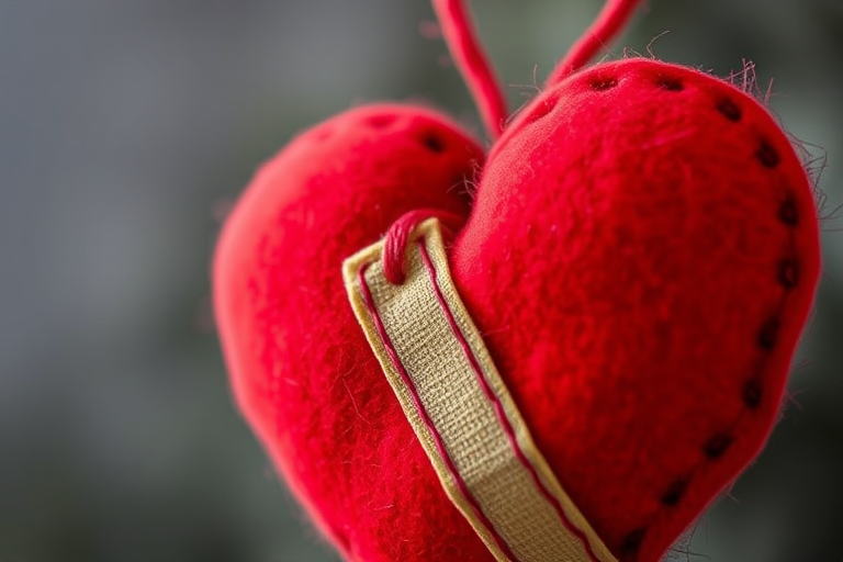 Capture a close-up of a red felt heart with a stitched bandage, using a shallow depth of field, aperture f/2.8, ISO 100, focal length 50mm, natural lighting, and a DSLR camera.