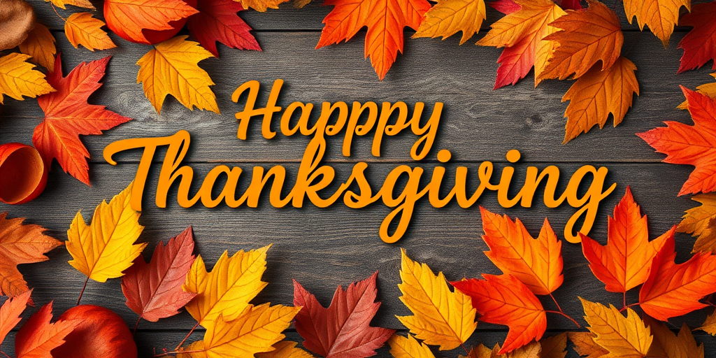 Create a festive Thanksgiving-themed image featuring the text "Happy Thanksgiving" in a decorative orange font, surrounded by autumn leaves in warm colors, captured with a DSLR camera at f/4.0 aperture, ISO 100, 50mm lens, top-down view, soft lighting to enhance detail and texture.