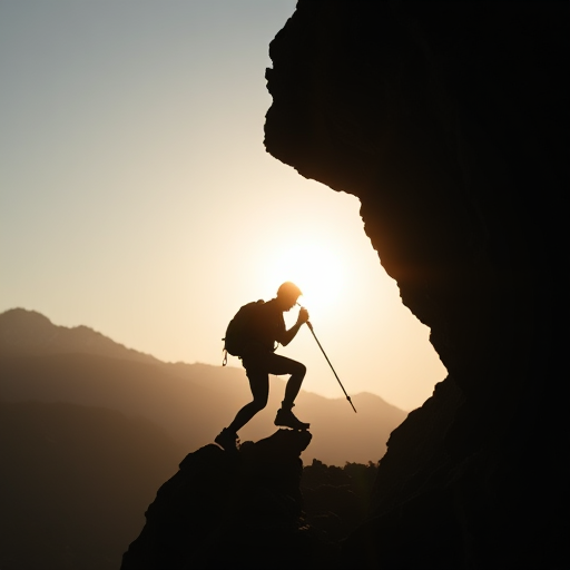 Create a high-resolution silhouette of a hiker climbing a rocky terrain, shot in natural light with a shallow depth of field, using a DSLR camera with a 50mm lens at f/1.8, ISO 200, and a 1/500 shutter speed for clarity and contrast.