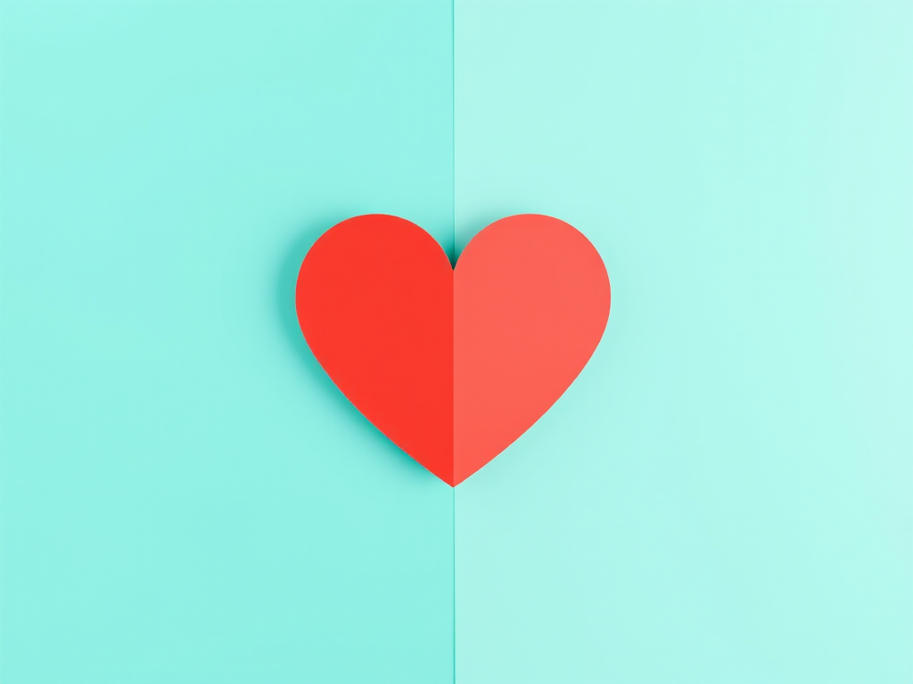 Generate a high-resolution graphic of a stylized heart icon on a divided turquoise background, using a Canon EOS 5D Mark IV with a 50mm f/1.8 lens at ISO 100, aperture f/8, and shutter speed 1/200s, shot from a straight-on view with soft lighting to enhance color contrast and clarity.