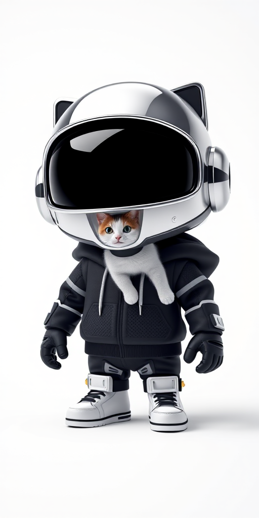 3D render of cute chibi Daft Punk wearing a hoodie and sneakers, , with a cat on its neck,with a chrome helmet, on a white background, in the style of Tomer Hanuka, Kaws, and Kentaro Miura, with a black, silver, and grey color palette, clean lines, high contrast, hyper realistic, soft shadows, sharp focus, detailed, using octane rendering, resembling product photography, with professional studio lighting, volumetric lighting, a deep depth of field, as if shot on a Hasselblad H6D400c MultiShot camera, Future companion robot, titanium alloy, neon lights, laser light