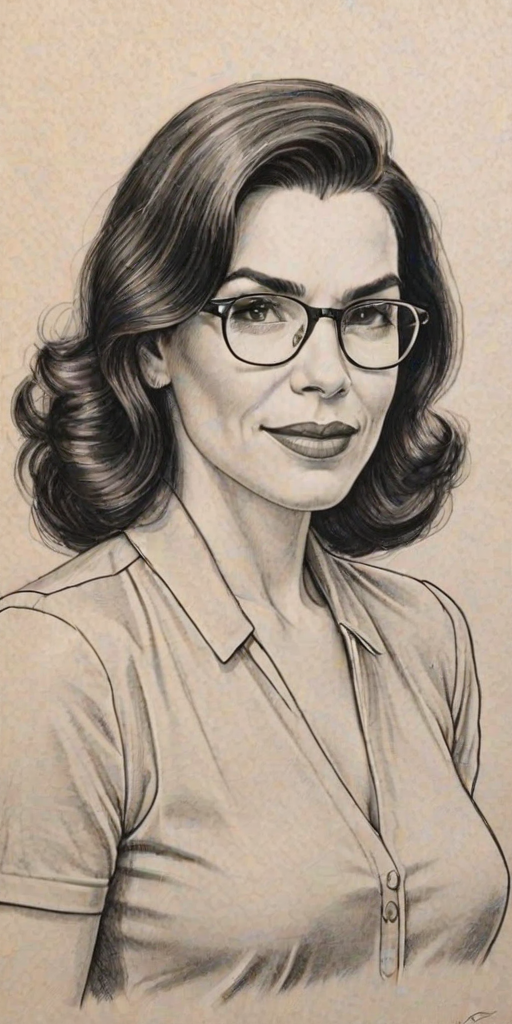 Dazzling Julianna Margulies, pencil sketch, portrait of Comely woman 1939s in glasses, hair style beatnik, outline, clear lines, fine lines, 8k