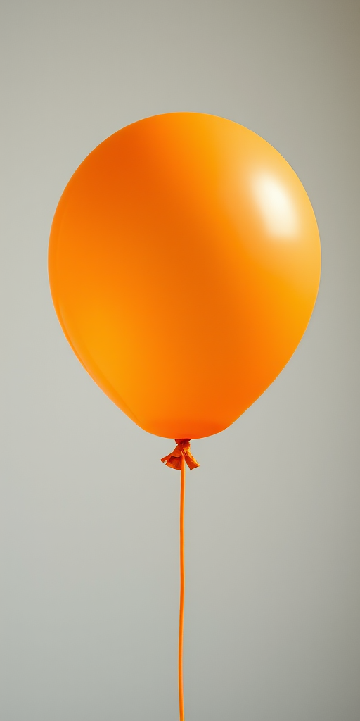 Create a minimalistic design of an orange balloon with a smooth surface and a thin string attached, captured with a Canon EOS R5 camera, 50mm lens, f/1.8 aperture, ISO 100, natural lighting, and a shallow depth of field to enhance the focus on the balloon.