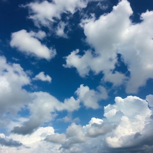 A high-resolution image of a dramatic sky filled with fluffy clouds varying in shades of white and gray against a deep blue background, taken with a Canon EOS 5D Mark IV, 24mm lens, f/8 aperture, ISO 100, 1/200 sec shutter speed, utilizing a wide-angle shot to capture the expansive view.