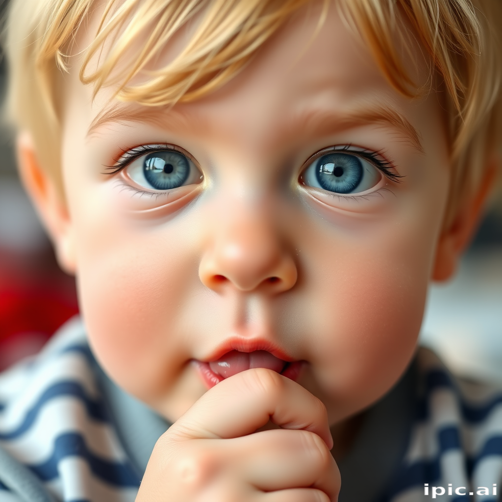 closeup of an adorable toddler with short blonde hair, shining blue eyes, putting their thumb in their mouth,