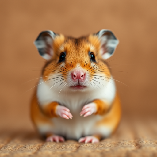 Create a high-quality close-up of a cute hamster sitting against a softly blurred brown background, using a Canon EOS 5D Mark IV with a 50mm f/1.8 lens, aperture set to f/2.8, ISO 100, and a shutter speed of 1/200s for optimal detail and texture.