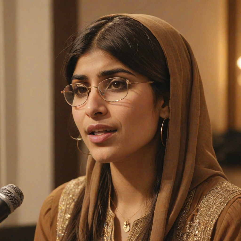 A close-up portrait of a mia khalifa with her eyes closed, singing into a microphone, positioned on the right side of the frame, facing the viewer. She is wearing a brown headscarf, gold earrings, and a brown blouse, and is bathed in warm, golden light emanating from the windows behind her. A blurred figure of a man singing into a microphone is visible in the background. The scene has a sense of calm and spirituality.