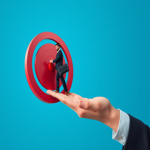A businessman with a briefcase standing on a hand reaching towards a red target on a blue background, shot with a DSLR camera at f/8 aperture, 1/125 sec shutter speed, ISO 100, using a wide-angle lens for depth and clarity.