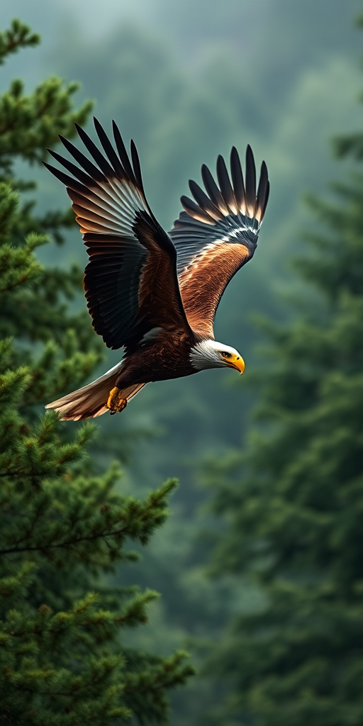 A majestic eagle soaring through a misty green forest, captured in high resolution with a DSLR camera, 50mm lens, f/1.8 aperture, ISO 200, soft focus background, dramatic lighting to enhance depth and texture.